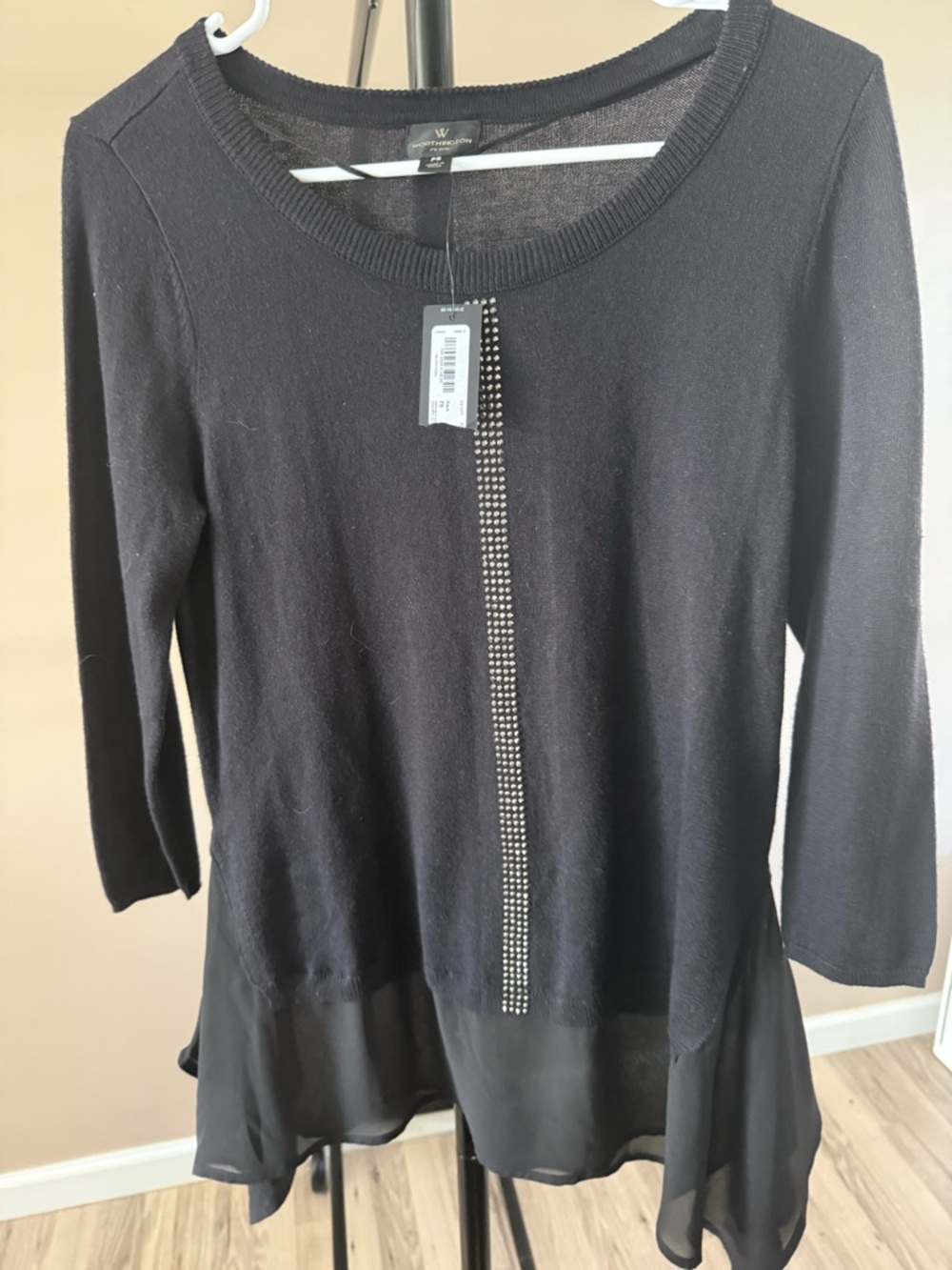 Worthington Black Knit Top with Rhinestone Trim and Chiffon Hem